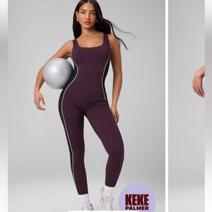 Fabletics Plum Jumpsuit with Black Side Panels and White Piping